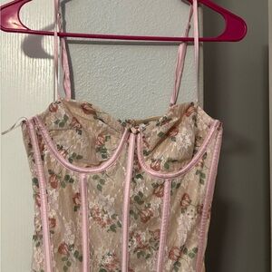 Floral Lace Corset Top with Pink Trim